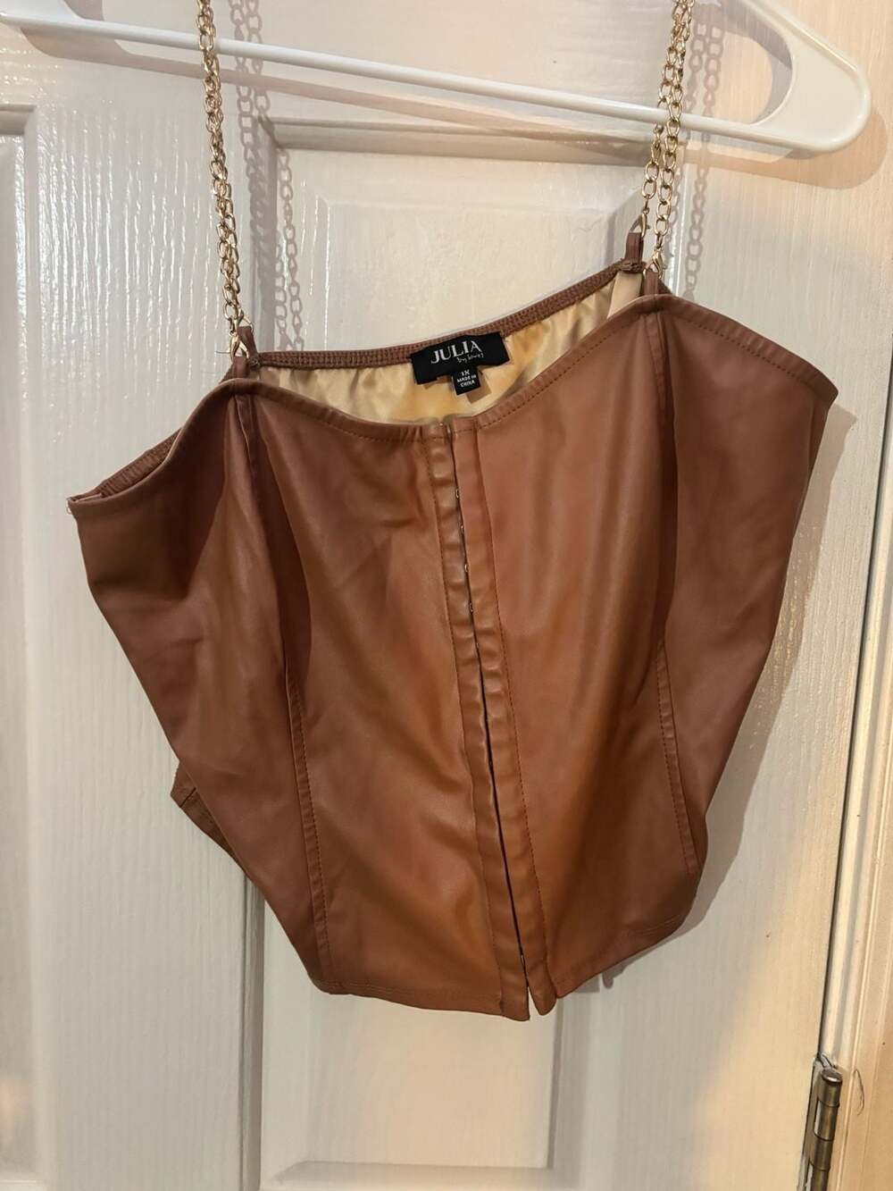 Julia by Love J Faux Leather Corset Crop Top w Chain Straps Plus Size 1X Brown